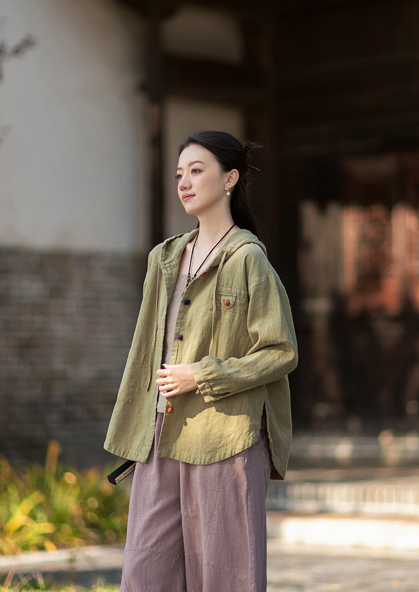 2026 Spring New Arrival: Oversized Casual Hooded Color-Blocked Button-Down Shirt, Women's Sandwashed Cotton-Linen Jacket