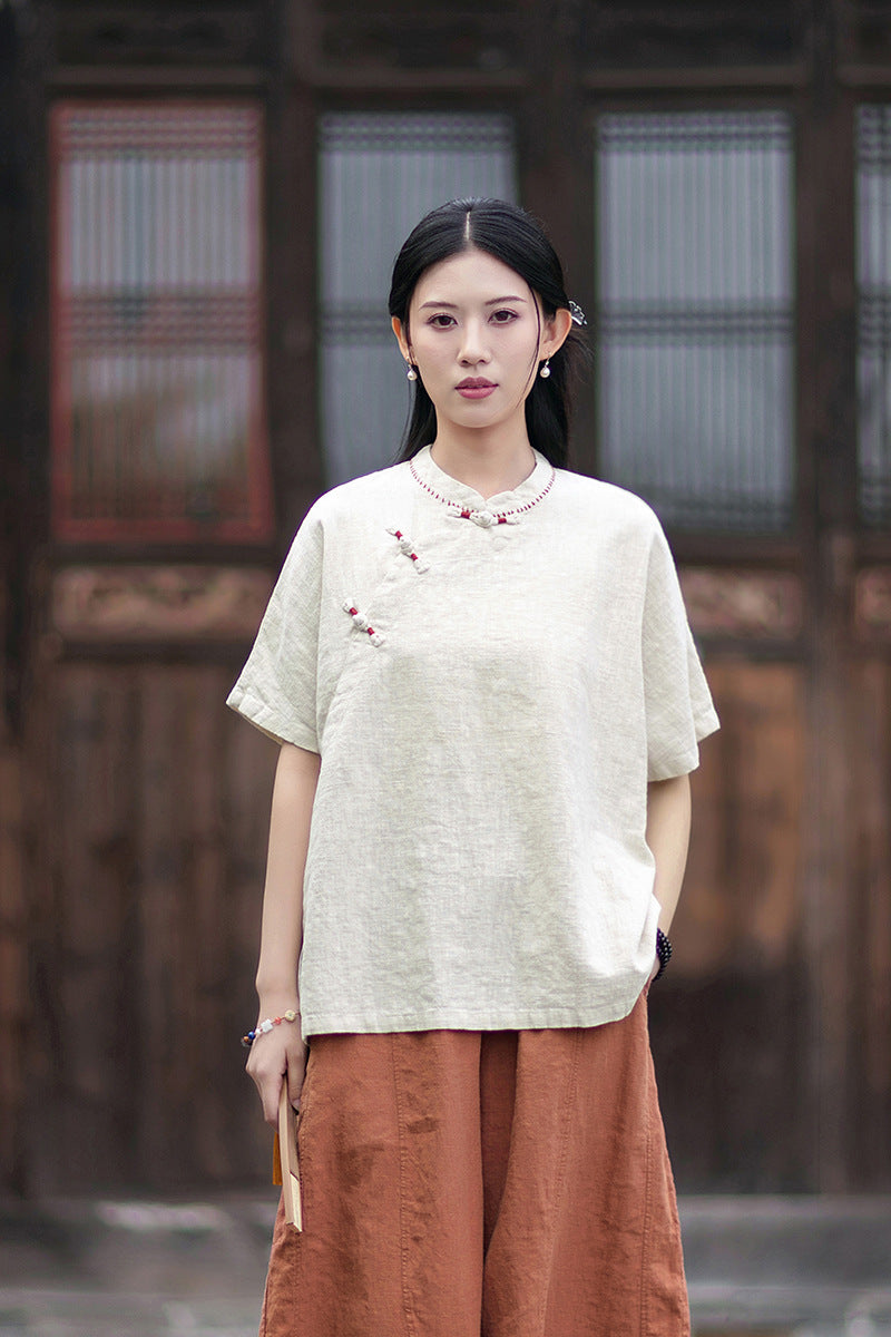 Women's Cotton-Linen Retro Zen-Inspired Stand-Collar Shirt with Stitched Buttonholes and Asymmetrical Hem 20260511