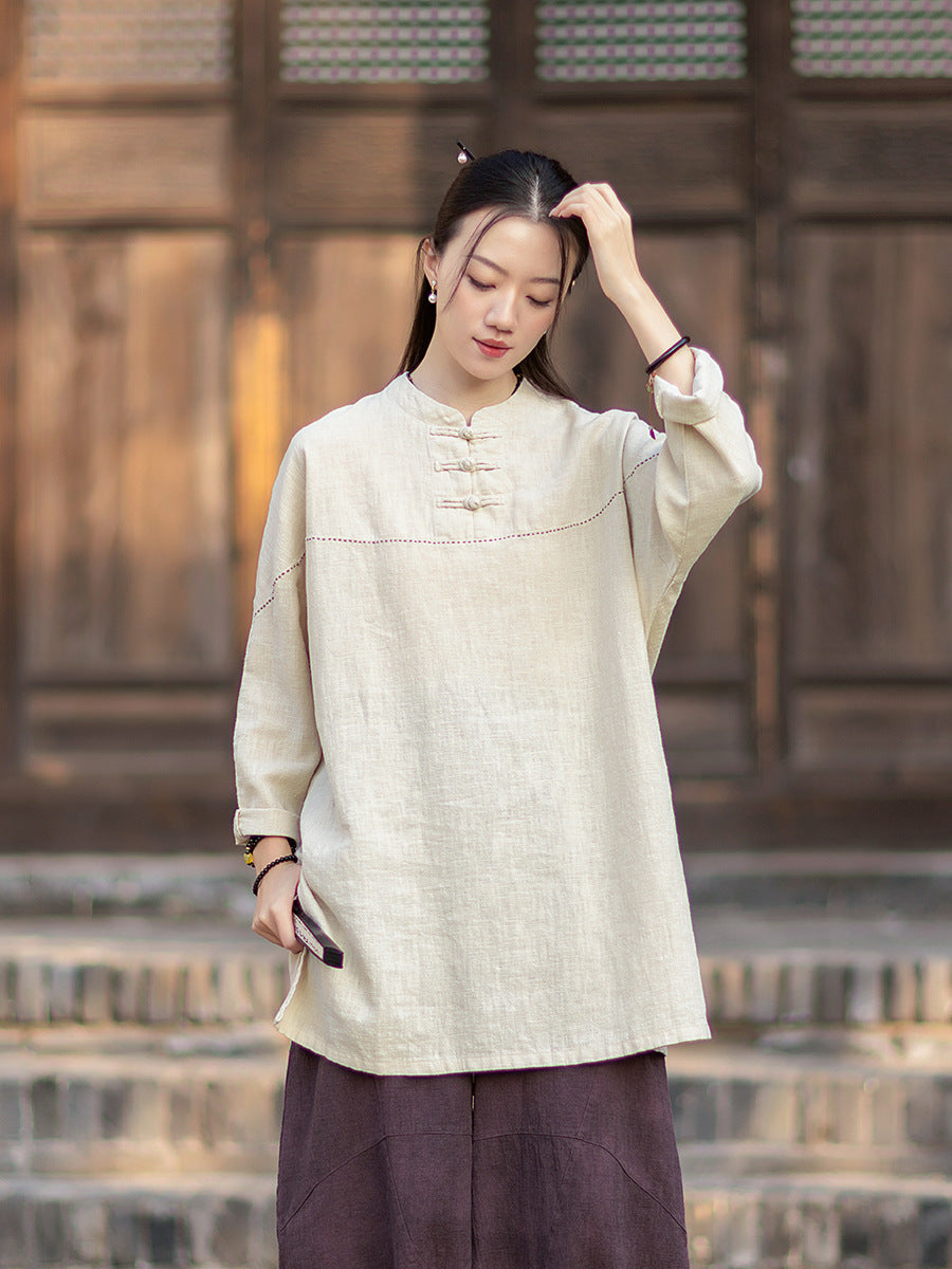 2026 Spring Retro Mandarin Collar Button-Down Cotton-Linen Blouse for Women: Chinese-Style Zen-Inspired Tea Ceremony Pullover, Ramie Stand-Up Collar Long-Sleeve Shirt