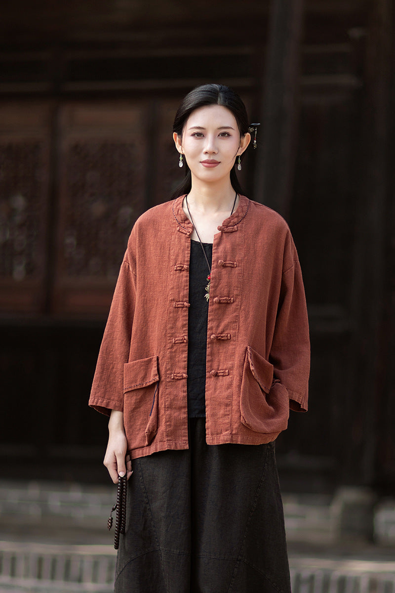 Summer New Arrival: Original Linen Hand-Knotted Button-Down Shirt with Large Pockets for Women – Vintage Distressed Jacket 20260511
