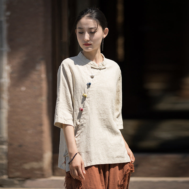 Summer Chinese Tops, Ramie Lapel Vintage Summer Tea Clothes Short Sleeve Shirt，Frog Button Round Collar Shirt