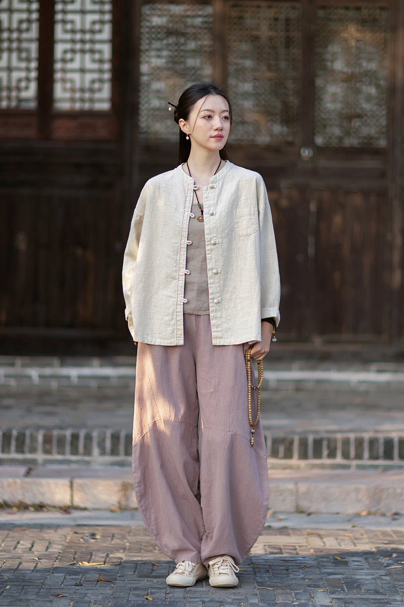2026 Spring Cotton-Linen Women's New Chinese-Style Ramie Blouse, Loose-Fitting Cotton-Linen Button-Down Shirt with Chinese-Style Buttons, Modernized Tang-Style Jacket