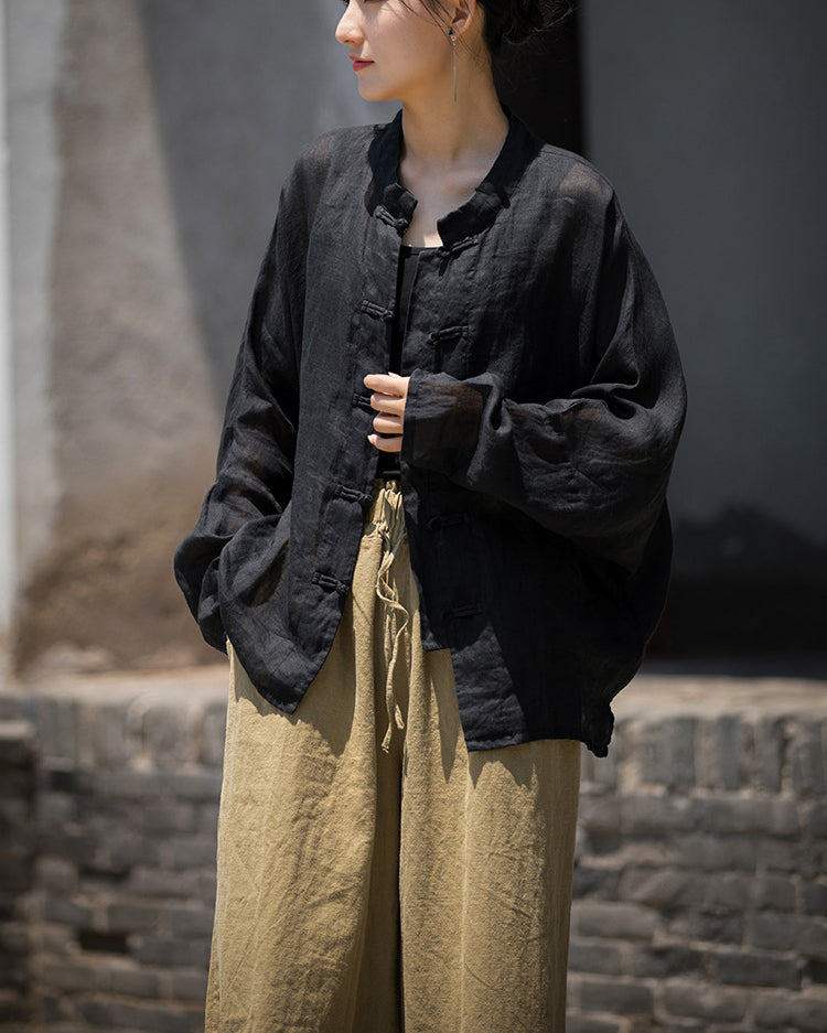 Summer Ramie Chinese Standing Collar Shirt,Sand Washed Frog Button Women's Long Sleeve Shirt 20240714