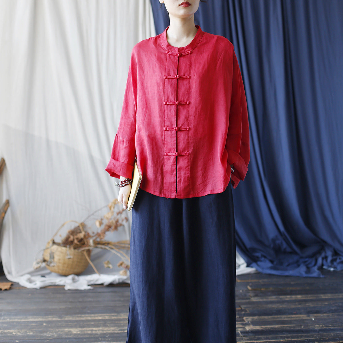 Summer Standing Collar Women Ramie Frog Button Shirt, Literary Retro Long Sleeve Loose Light Cardigan 20240802