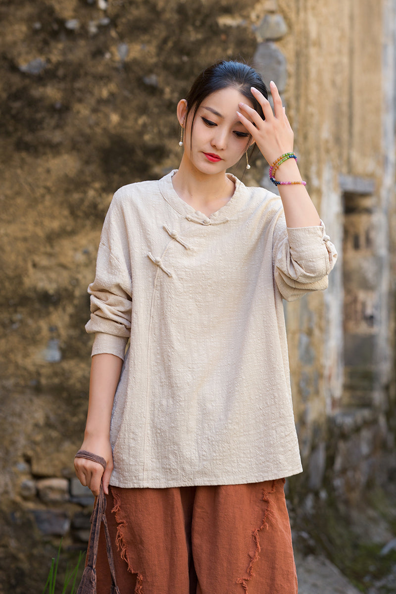 Long Sleeve Standing Collar Cotton Linen Frog Button Shirt, Vintage Chinese Casual Shirt 20250604