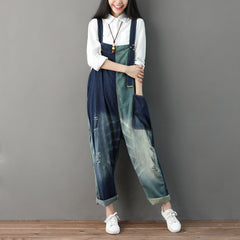 Patchwork cotton overalls, women's denim overalls, stonewashed loose overalls