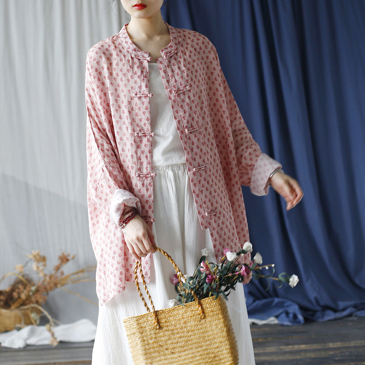 Loose Summer Printed Ramie Shirt, Standing Collar Frog Button Chinese Casual Shirt 20240803