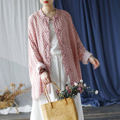 Loose Summer Printed Ramie Shirt, Standing Collar Frog Button Chinese Casual Shirt 20240803