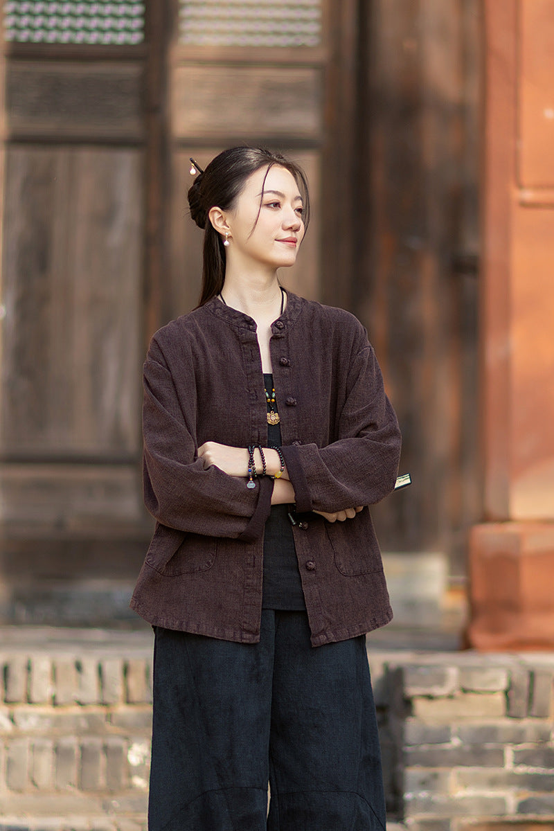 2026 Spring New Arrival: Boho-Retro Stand-Collar Distressed Double-Breasted Button-Down Cotton-Linen Blouse for Women