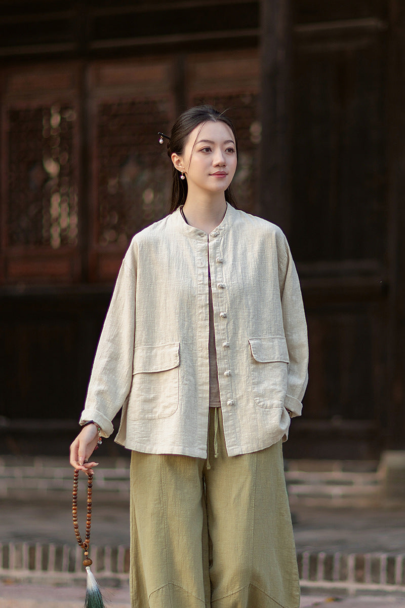 2026 Spring New Arrival: Boho-Retro Stand-Collar Distressed Double-Breasted Button-Down Cotton-Linen Blouse for Women