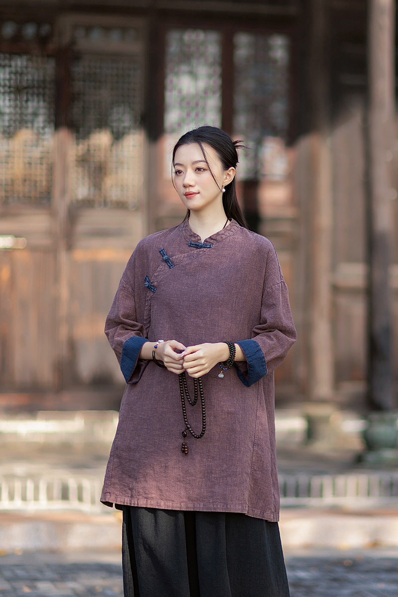 2026 Spring New Arrival: Retro Cotton-Linen Chinese-Style Stand-Collar, Color-Blocked, Button-Fastened, Wrap-Front Blouse for Women – Zen Tea Attire