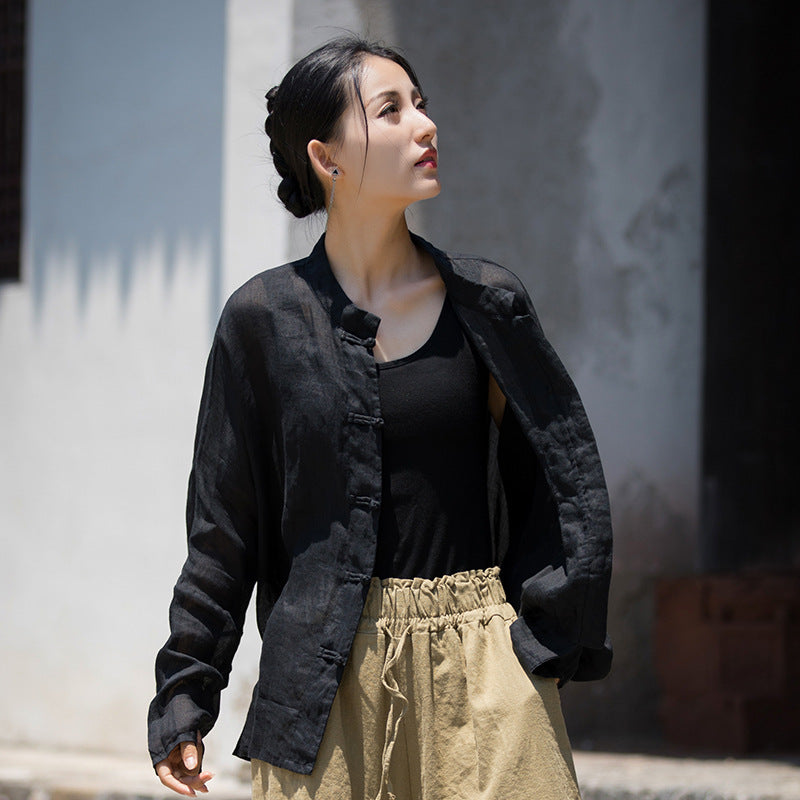 Summer Ramie Chinese Standing Collar Shirt,Sand Washed Frog Button Women's Long Sleeve Shirt 20240714
