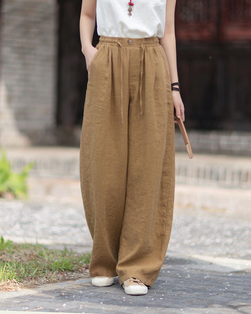 New Summer Collection: Women's Cotton-Linen Artistic and Versatile Casual Linen Pants with Drawstring Elastic Waist, Flowing Silhouette, and Slimming Straight Legs 20260511
