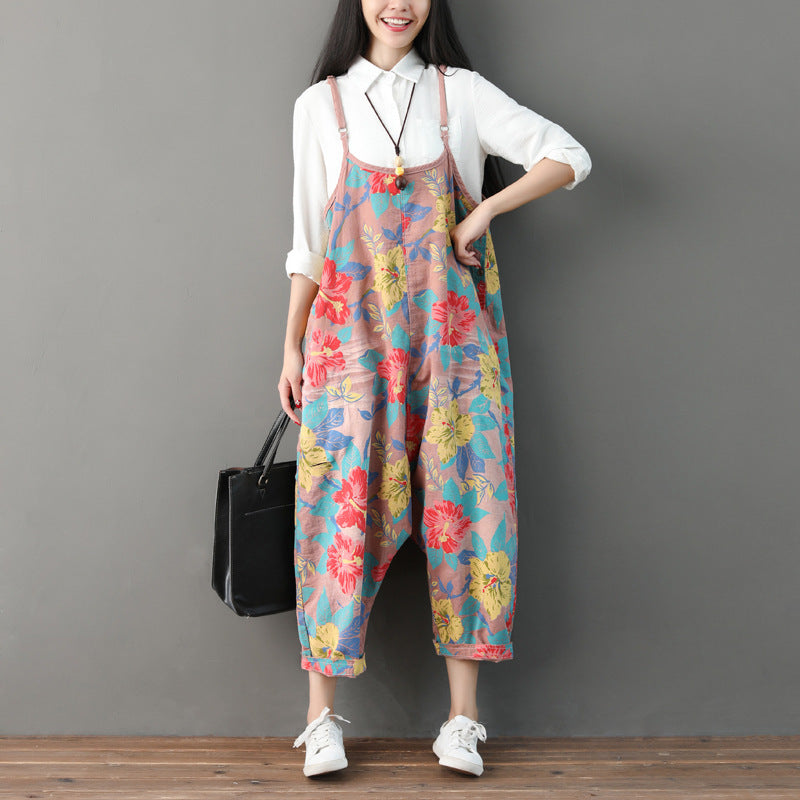 Printed floral cotton overalls, women's denim overalls, stonewashed loose overalls