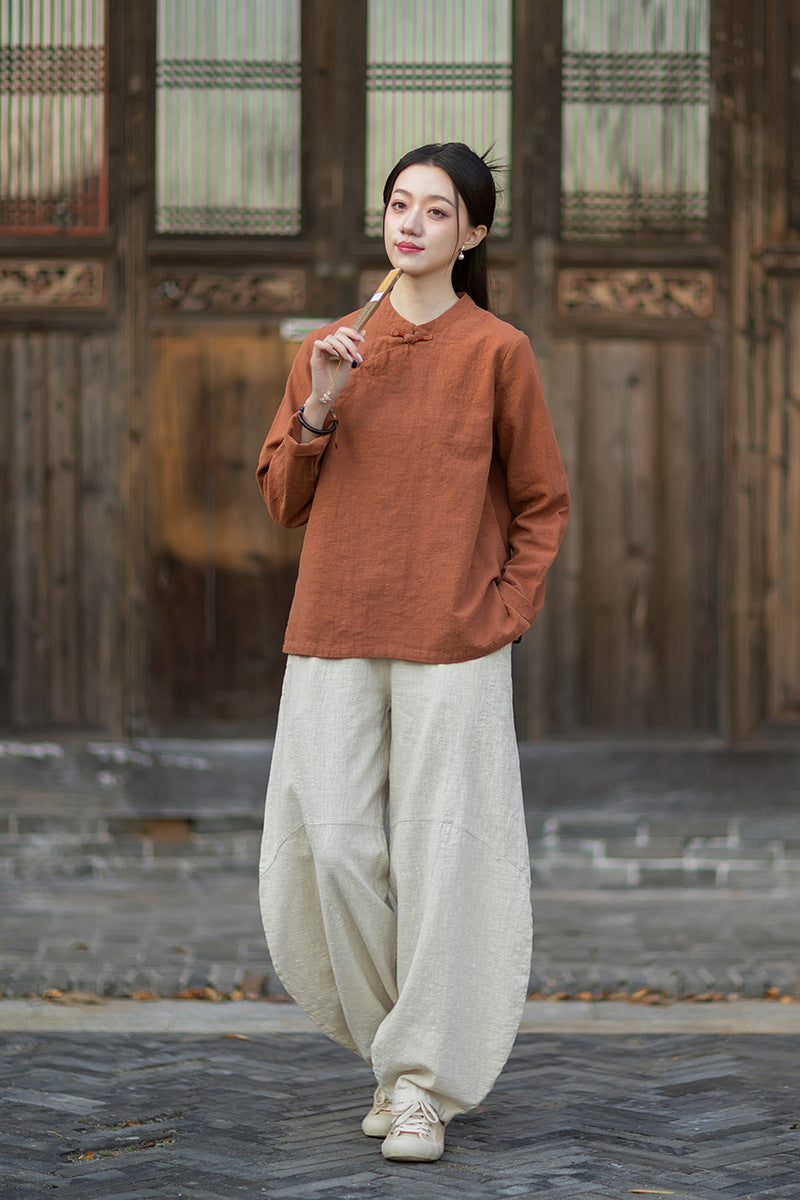2026 Spring New Arrival: Original Cotton-Linen Women's Chinese-Style Stand-Collar Top, Tea Ceremony-Style Women's Diagonal-Placket Color-Blocked Button-Down Shirt