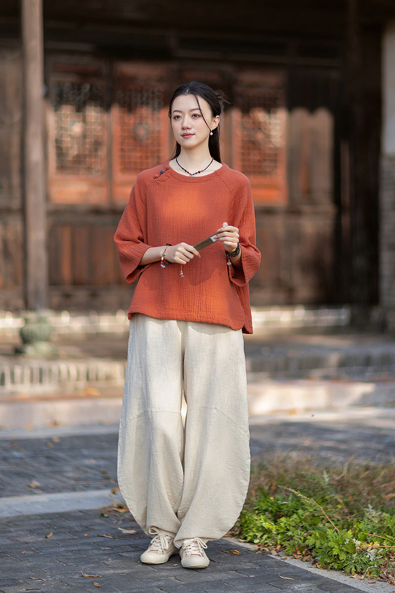 2026 Spring New Arrival: Retro-Chic Cotton-Linen Women's Round-Neck Color-Blocked Button-Down Blouse, Pullover T-Shirt