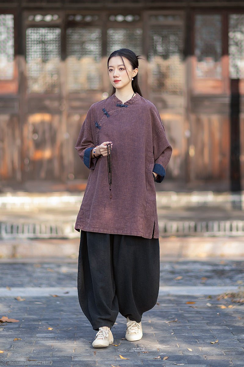 2026 Spring New Arrival: Retro Cotton-Linen Chinese-Style Stand-Collar, Color-Blocked, Button-Fastened, Wrap-Front Blouse for Women – Zen Tea Attire