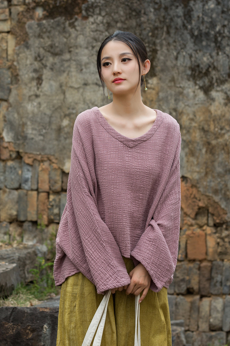 Vintage Summer Chinese Boat Collar Long Sleeve Shirt, Cotton  Linen Washed Frog Long T-Shirt 20250604