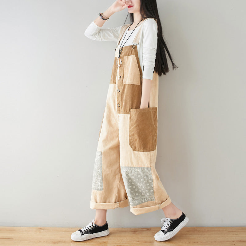 Patchwork cotton overalls, women's printed denim overalls, stonewashed loose overalls