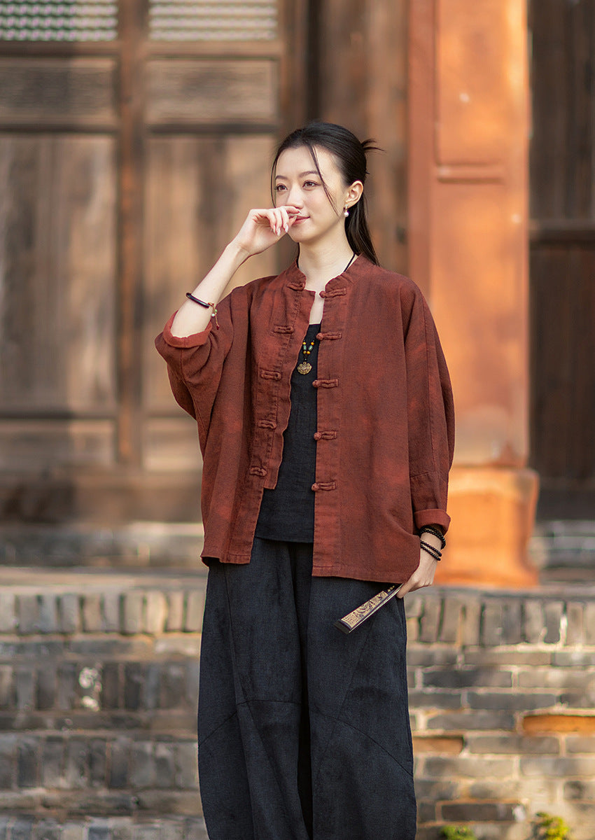 2026 Spring New Arrival: Original Cotton-Ramie Shirt for Women, Vintage Stand-Up Collar Ombré Chinese-Style Wrap-Front Cardigan