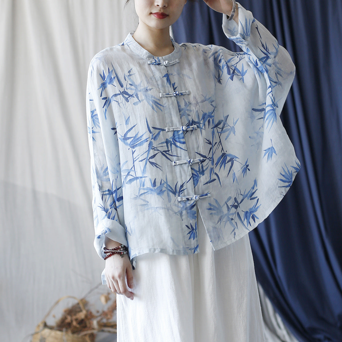 Printed Standing Collar Women Ramie Frog Button Shirt, Summer Vintage Loose Light Cardigan Plus size 20240802