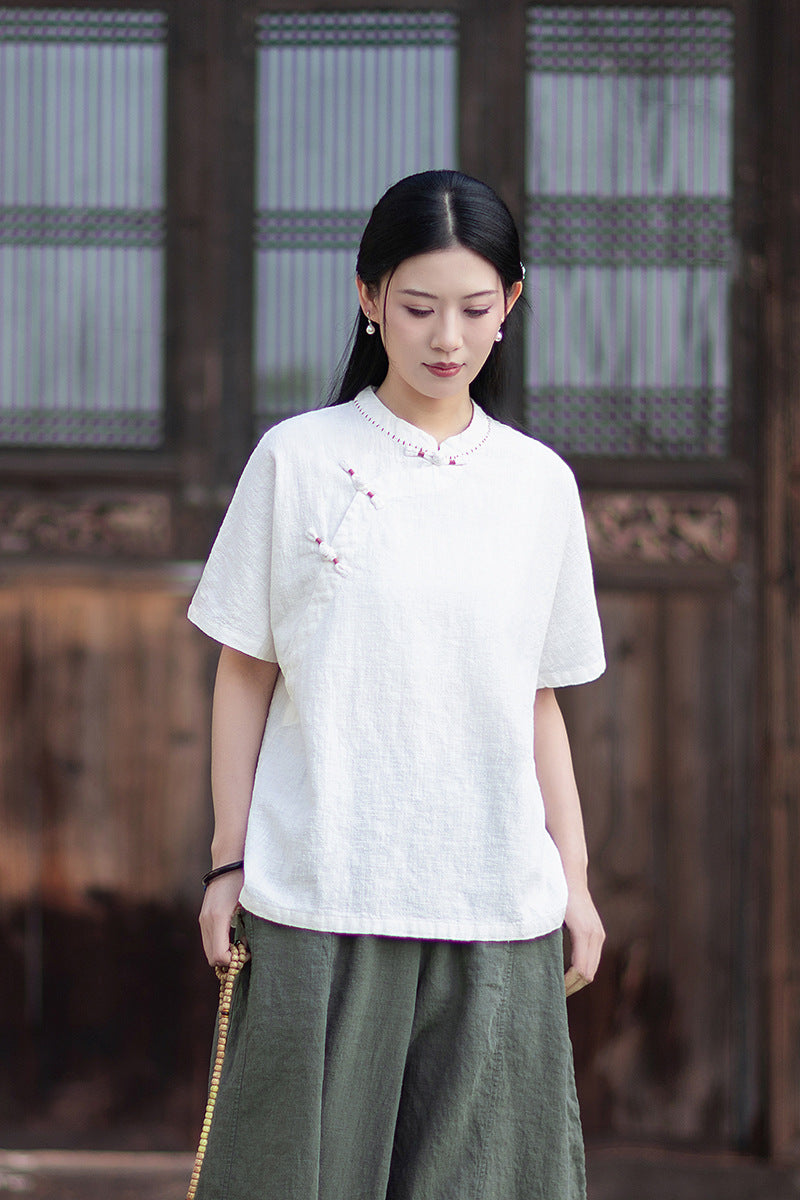 Women's Cotton-Linen Retro Zen-Inspired Stand-Collar Shirt with Stitched Buttonholes and Asymmetrical Hem 20260511