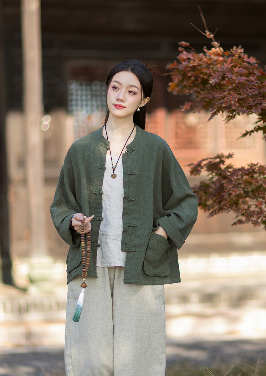2026 Spring New Arrival: Original Vintage-Inspired Linen-Cotton Women's Cardigan, Loose-Fit Jacket with Stand-Up Collar and Button Closure