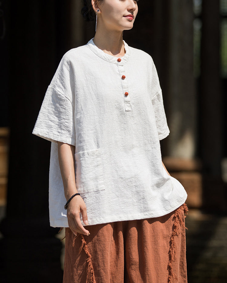 Summer Cotton Chinese t-shirt,cotton linen Washed Plate Button Women's Short Sleeve T-Shirt 20240714