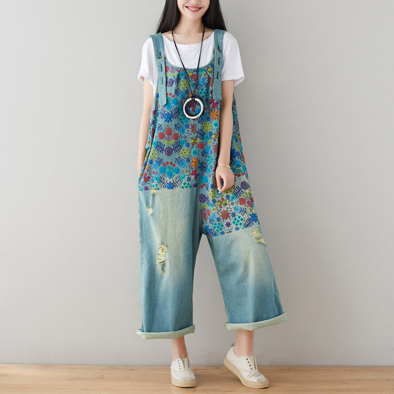 Printed floral stonewashed cotton overalls, women's denim washed overalls