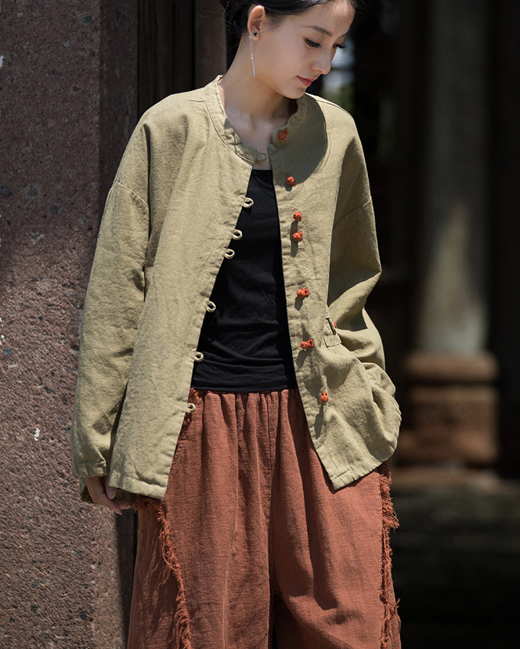 Summer cotton linen Chinese stand-up collar shirt, sandwashed frog button women's long-sleeved shirt 20240714