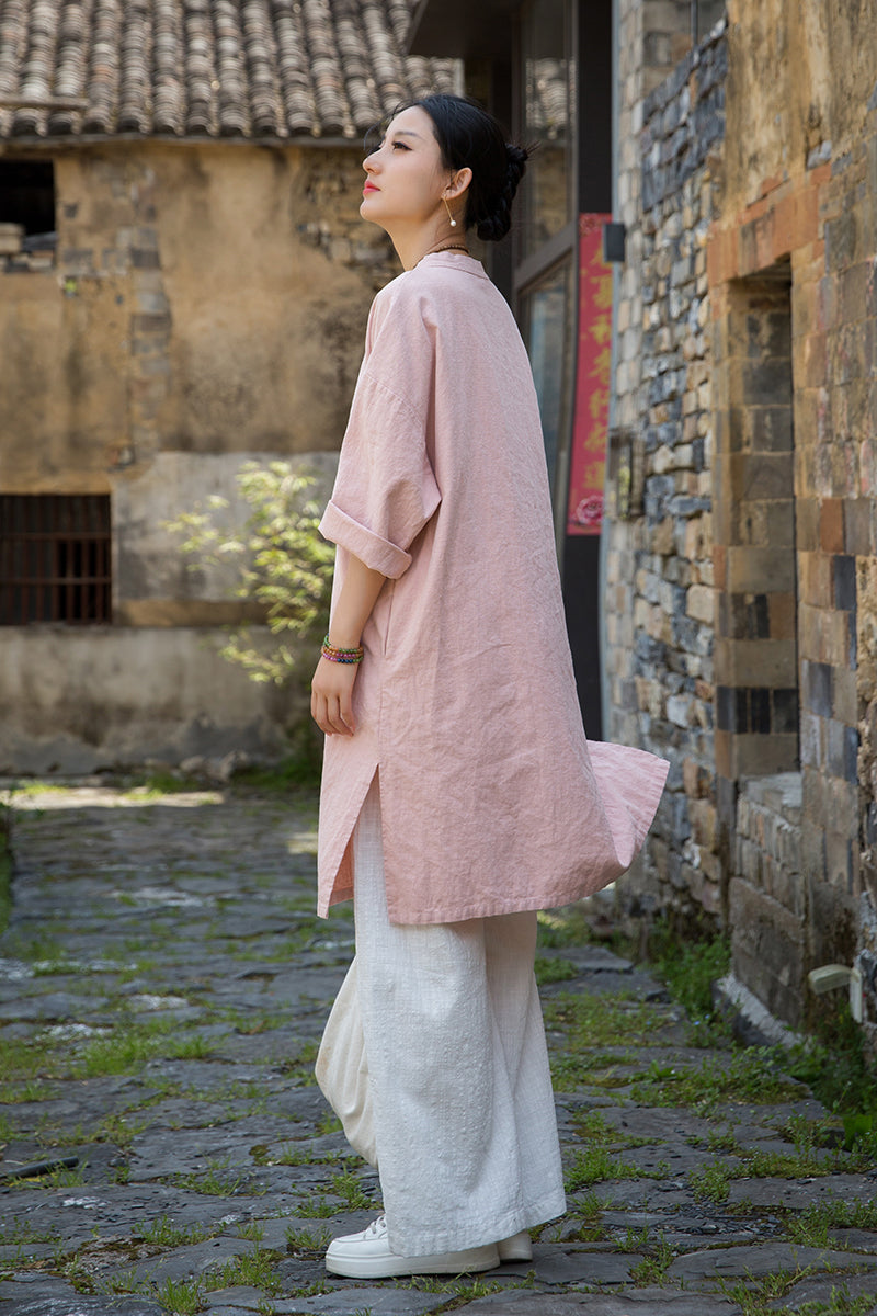 Women's summer Chinese loose frog button cheongsam, retro cotton  linen casual long shirt20250604