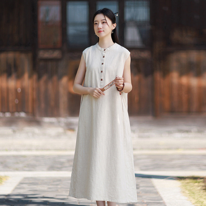 2026 Summer Women's Boho-Chic Dress: Loose-Fit, Sand-Washed Ramie Mid-Length Dress with a Zen-Inspired Aesthetic