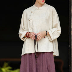 Women's Vintage Chinese Frog Button Long Sleeve Cotton Linen Shirt with Embroidery V-Neck Loose Blouse Shirt 20240920