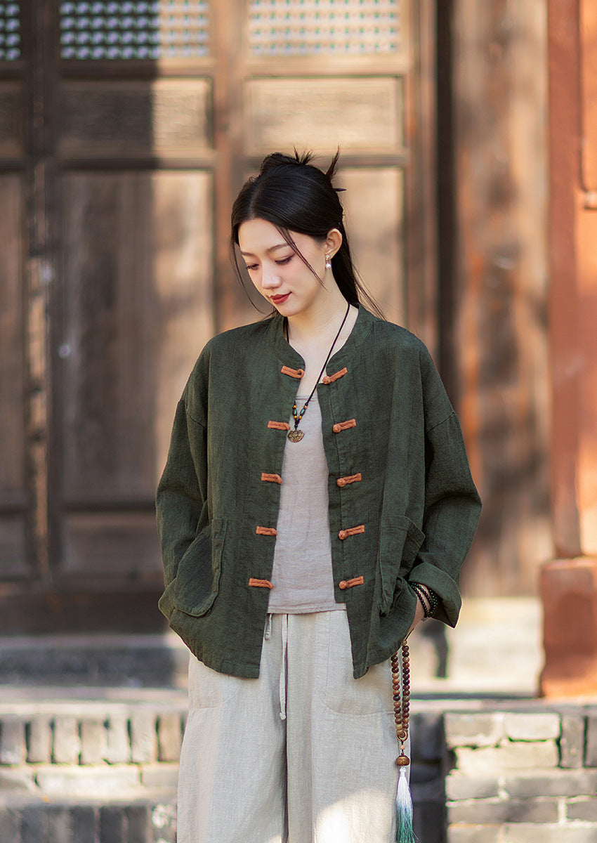 2026 Spring New Arrival: Vintage-inspired, distressed, sand-washed asymmetrical top; niche-style patchwork V-neck cotton-linen button-down cardigan