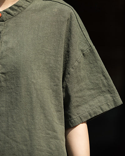 Summer Cotton Chinese t-shirt,cotton linen Washed Plate Button Women's Short Sleeve T-Shirt 20240714