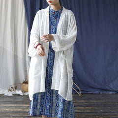 Loose Summer Solid Color Cotton  Linen Jacket ， White Cotton  Linen Kimono 20240803