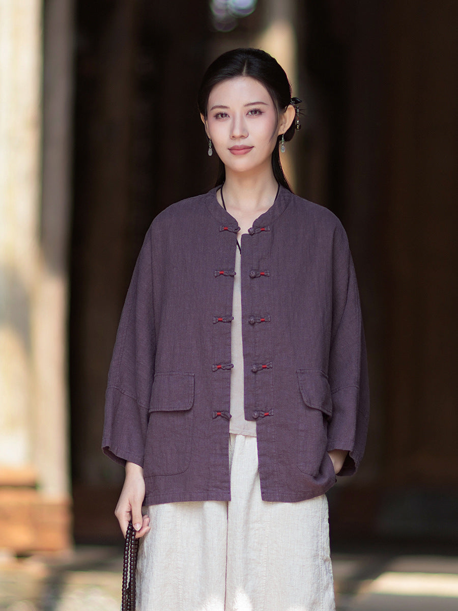 New Chinese-Style Loose-Fit Women's Shirt: Ramie Distressed Mandarin-Collared Modified Tang-Style Cardigan 20260511