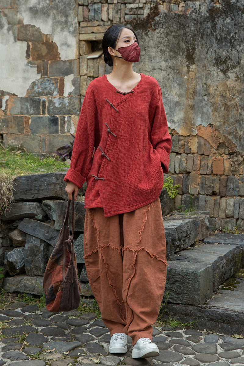 Vintage Summer Chinese Boat Collar Long Sleeve Shirt, Cotton  Linen Washed Frog Long T-Shirt 20250604
