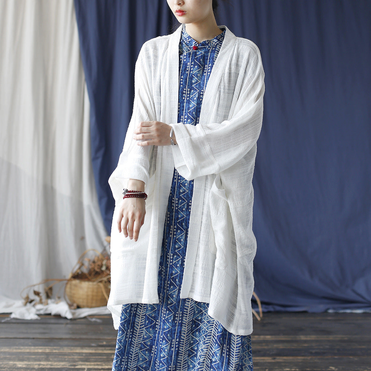 Loose Summer Solid Color Cotton  Linen Jacket ， White Cotton  Linen Kimono 20240803