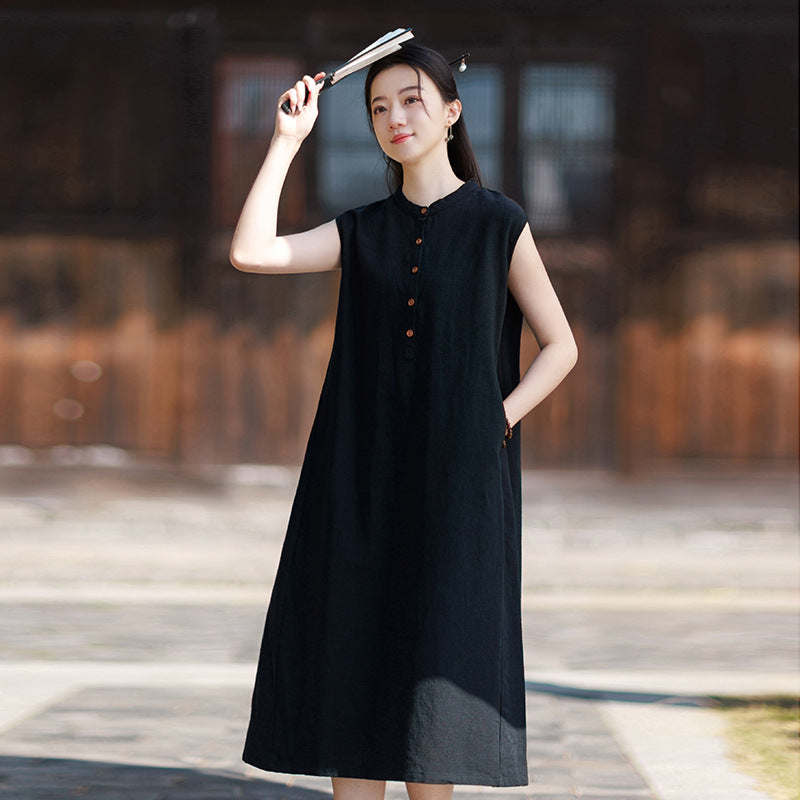 2026 Summer Women's Boho-Chic Dress: Loose-Fit, Sand-Washed Ramie Mid-Length Dress with a Zen-Inspired Aesthetic