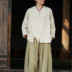 Woman Vintage Chinese Long Sleeve Cotton Linen Shirt with Embroidery V-Neck Loose Top 20240920