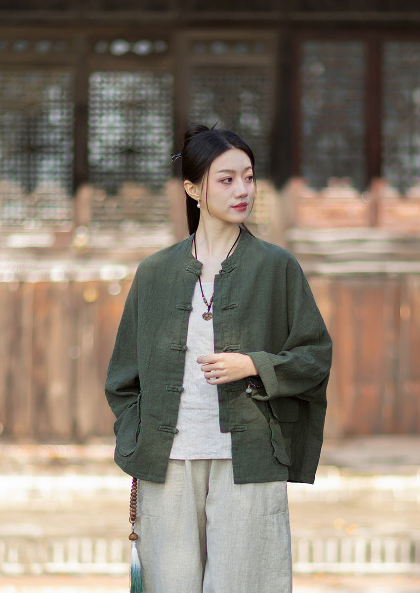 2026 Spring New Arrival: Original Vintage-Inspired Linen-Cotton Women's Cardigan, Loose-Fit Jacket with Stand-Up Collar and Button Closure
