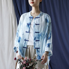 Printed Standing Collar Women Ramie Frog Button Shirt, Summer Vintage Loose Light Cardigan 20240802