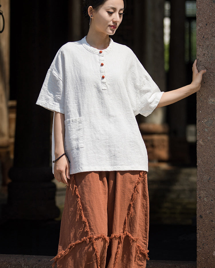 Summer Cotton Chinese t-shirt,cotton linen Washed Plate Button Women's Short Sleeve T-Shirt 20240714