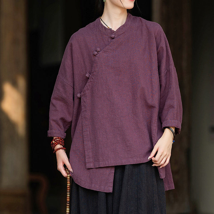 Women's Vintage Chinese Frog Button Long Sleeve Cotton Linen Shirt, Embroidery Standing Collar Splicing Irregular Loose Blouse 20240920