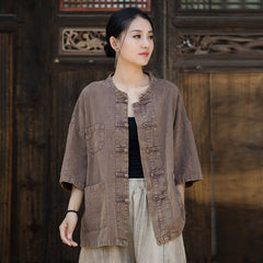 Summer cotton linen Chinese stand-up collar shirt plus size, sandwashed frog button women's long-sleeved shirt 20240714