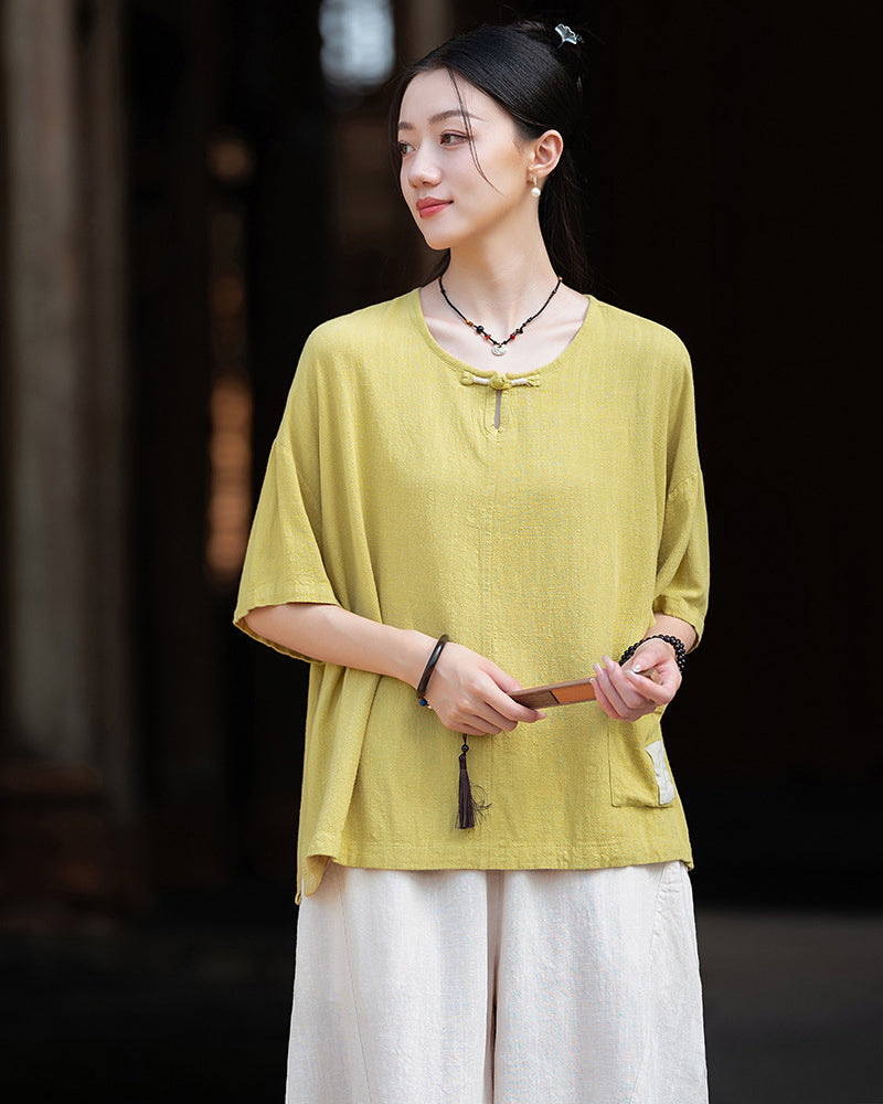 Frog button V-neck patchwork cotton  linen T-shirt, summer Chinese retro women sandwashed loose cotton  linen T-shirt 20240728