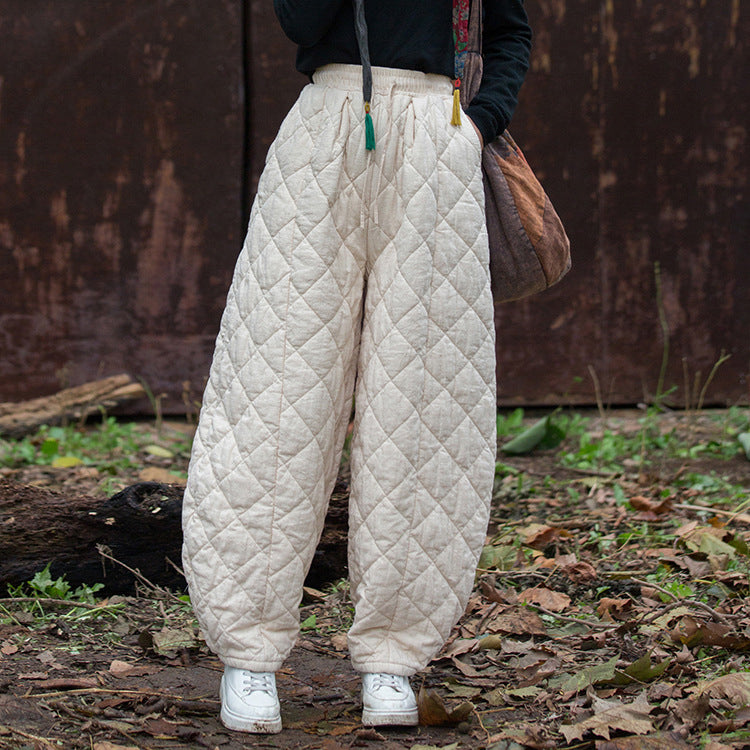 2024 Winter Thickened Diamond Quilted Warm Cotton Linen Pants, Vintage Loose Cotton Linen Tapered Pants 20241114