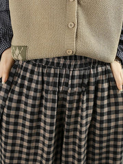 Loose-fitting cotton plaid wide-leg pants， Spring Vintage Plaid Wide-leg Pants