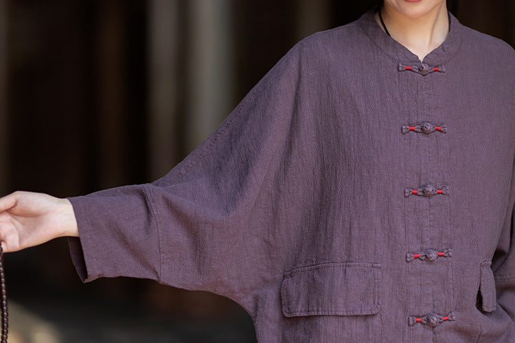 New Chinese-Style Loose-Fit Women's Shirt: Ramie Distressed Mandarin-Collared Modified Tang-Style Cardigan 20260511